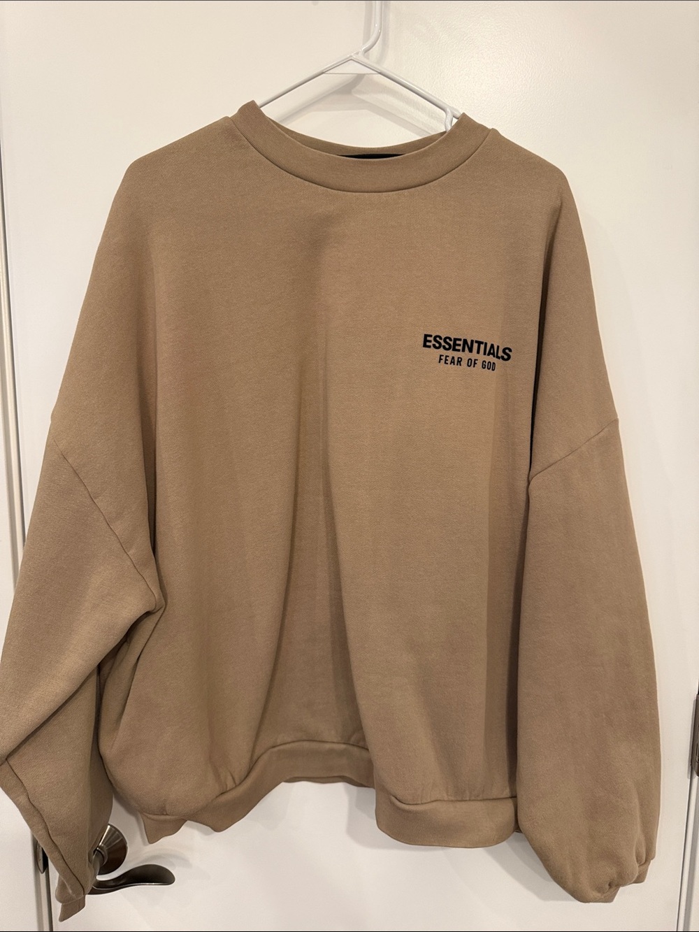 Essentials Fear of God Crewneck Sweater in Tan with Black Logo